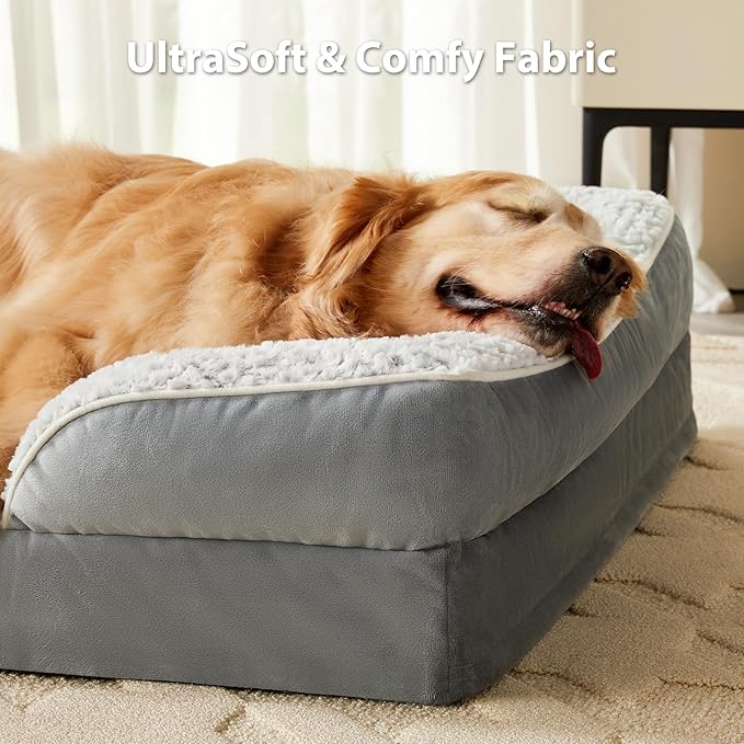 Orthopedic Dog Beds for Large Dogs,42x30 Inch Extra Large Dog Bed, Egg Crate Foam Bed for Large Dogs, Big Pet Bed with Washable Removable Waterproof Pillow Cover and Anti-Slip Bottom, Grey
