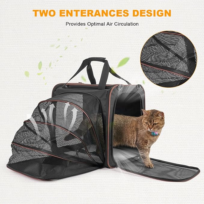 Cat Carrier with Litter Box, Expandable Cat Carrier with Litter Box for Car Travel, up to 20 lb to Road Trip, Camping, or Hotel, Black