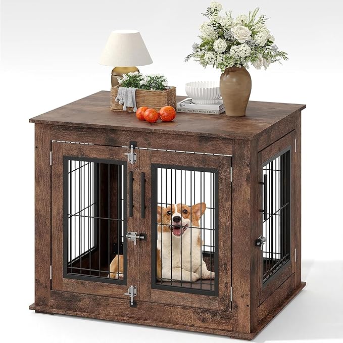 31" Inch Dog Crate Furniture, Small to Medium Pet Cage with Double Doors and Wheels, Chew-Resistant Wooden Indoor Dog House, Kennel Side End Table for Bedroom & Living Room, Rustic Brown