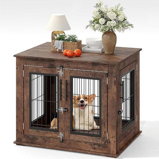 31" Inch Dog Crate Furniture, Small to Medium Pet Cage with Double Doors and Wheels, Chew-Resistant Wooden Indoor Dog House, Kennel Side End Table for Bedroom & Living Room, Rustic Brown