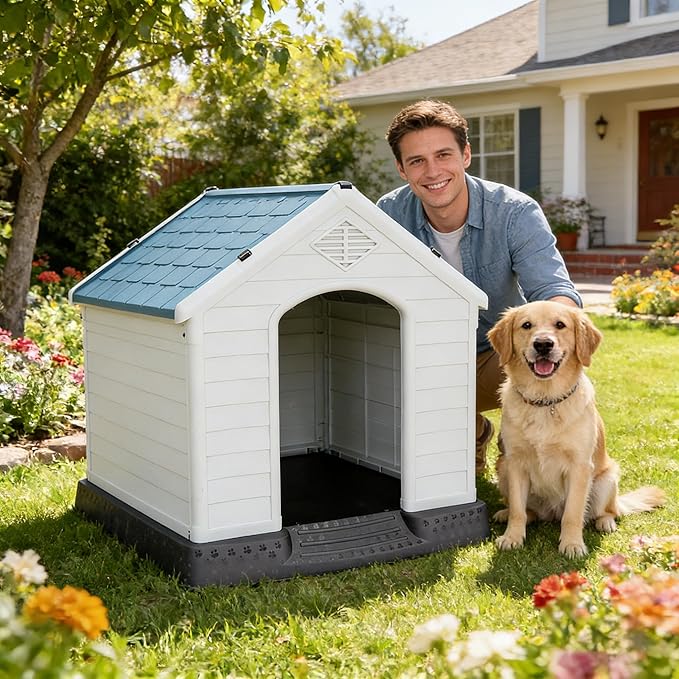 Durable Waterproof Plastic Dog House for Small to Large Dogs Indoor Doghouse Puppy Shelter with Air Vents and Elevated Floor, Outdoor Kennel for Yard, Patio, Garage, Easy to Assemble
