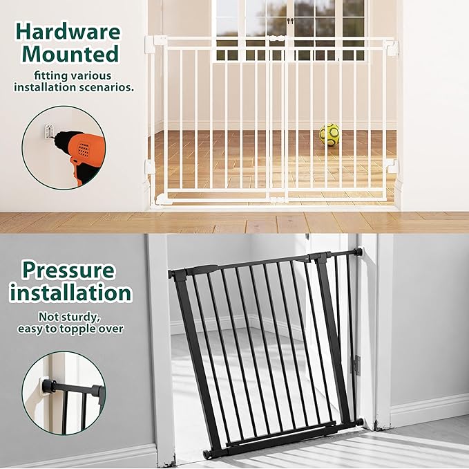 26.5-43" No Bottom Bar Baby Gate for Stairs and Doorways, 29" Tall Hardware-Mounted Baby Gate for Top and Bottom Stairs, Auto-Close Dog Gate Indoor with Extra Wide Walk Thru