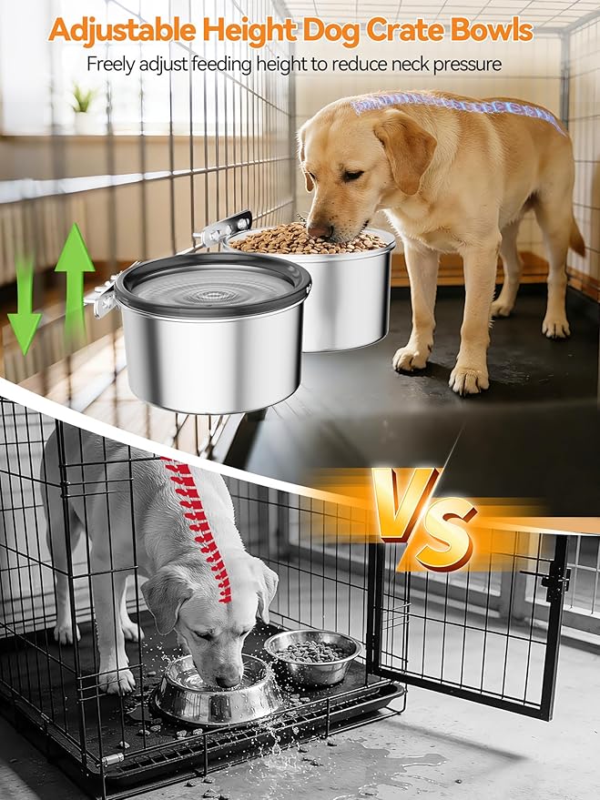 2PCS Spill Proof Dog Crate Water Bowl and Food Bowl Set, 2.5L Stainless Steel Dog Bowls for Cage, Kennel, Slow Drinking Dog Water Bowl for Large/Medium Pets, Hanging Pet Bowls