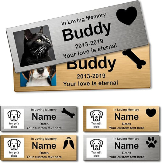 Custom Pet Memorial Nameplate for Urns & Ashes Boxes, Personalized Stainless Steel Adhesive Backing Badge Remembrance Tags (Text + Photo)