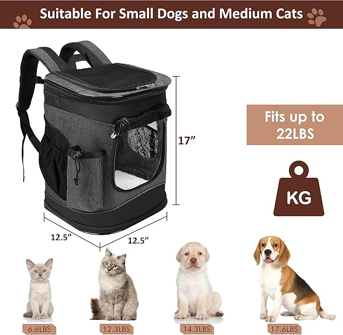 Tirrinia Two-Sided Entry Pet Backpack Travel Carrier for Cats & Small Dogs, Airline-Approved, Padded Back Support, Ideal for Hiking, Walking, Cycling & Outdoor Adventures