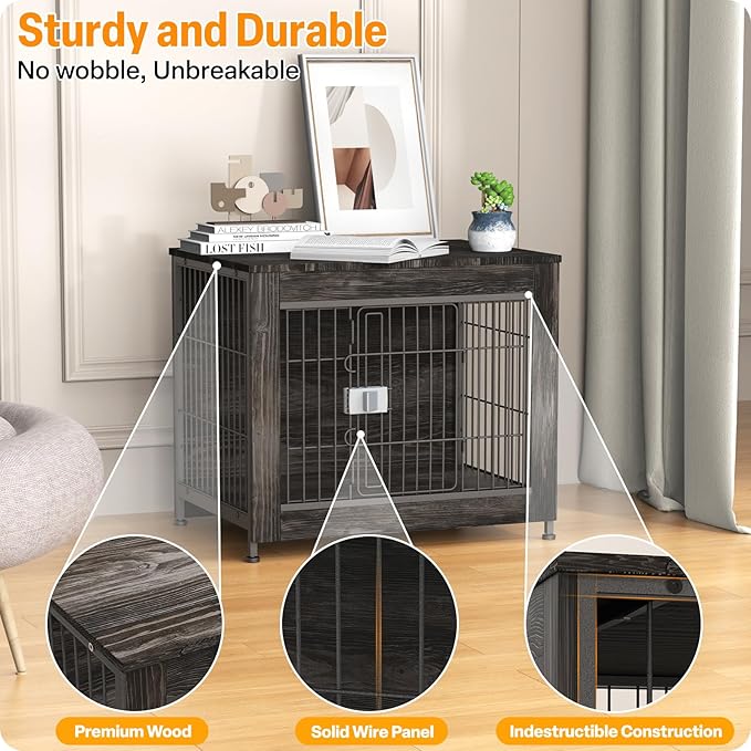 Furniture Style Dog Crate, 27" Wooden Dog Kennel End Table with Solid Top, Indoor Pet Crate House with Secure Slide Lock, Modern Dog Cage Furniture for Small & Medium Dogs, Rustic Brown