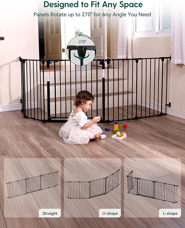Babelio 104" Extra Wide Baby Gate, 30" Tall Auto Close Dog Fence for Stairs Doorways Fireplace, Hardware Mounted Pet Gate Indoor, Foldable 5 Metal Panels, Black