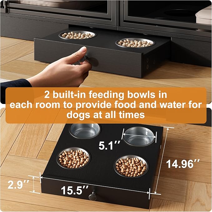 IDEALHOUSE 78.7" Double Dog Crate Furniture with Storage and 4 Doors, Dog Kennel Indoor with Feeding Bowls, Wood Dog Crate TV Stand for Small Medium Dogs, Black