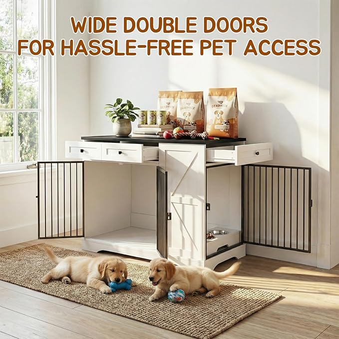 43.3" Dog Crate Furniture with Storage, Large Dog Kennel with 3 Drawers & 2 Feeding Bowls, Indoor Decorative Dog Cage for Large/Medium Dogs
