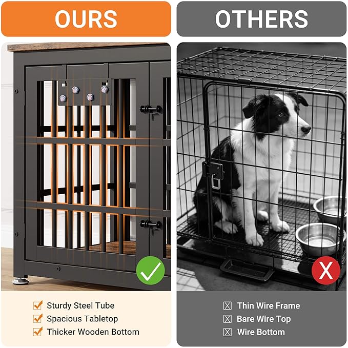 Dog Crate Furniture with Name Tag, Dog Kennel Indoor with 360° Rotating Feeder and Adjustable Heights Bowls, Wooden Decorative Pet Cage End Table for Small Medium Dogs, Rustic Brown 37.8" L
