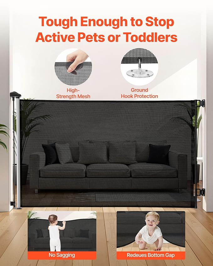 VEVOR Retractable Baby Gate, Extends to 57 inch Wide, 38.5 inch Tall, with Security Lock, Easy to Use, Walk Through Without Tripping, Mesh Dog Gate for Stairs, Hallways, Indoor/Outdoor, Black