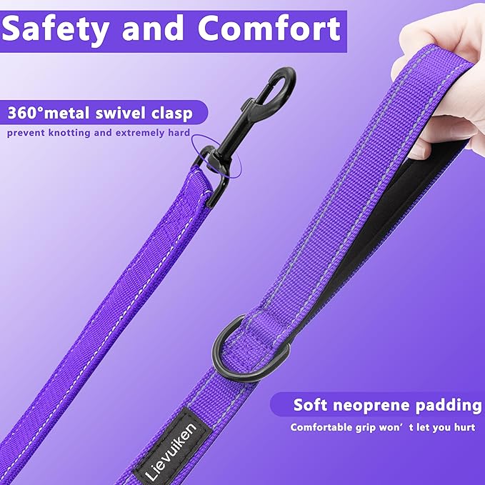 Dog Leash 5ft Long, Double Handle Dog Leash for Safety Control Training, Heavy Duty Dog Leads with Traffic Padded Handles, Reflective Leashes for Small Medium Large Dogs(5ft, Purple)