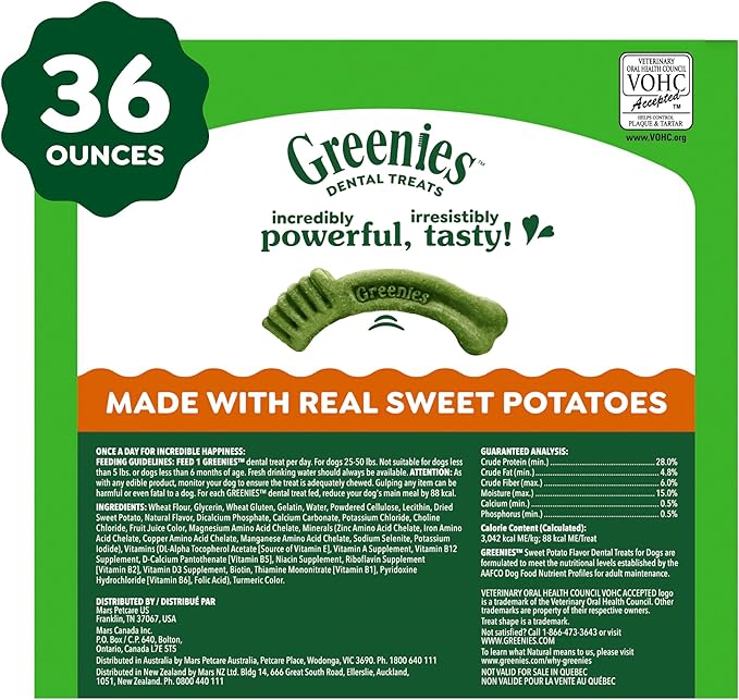 Greenies Veterinarian-Recommended Natural Dental Dog Treats, Dental Chews for Dogs, Regular Size, Sweet Potato Flavor, 36 oz. Pack, 36 Count