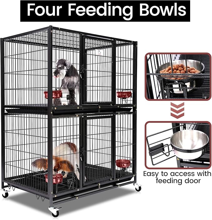 Homey Pet Two Tiers 37 Inch Dog Crate Cage Kennel with Feeding Door and Bowls, Lockable Wheels and Removable Tray, Escape Proof Metal Wire Heavy Duty Dog Crates for Medium/Small Sized Dogs (3 Pack)