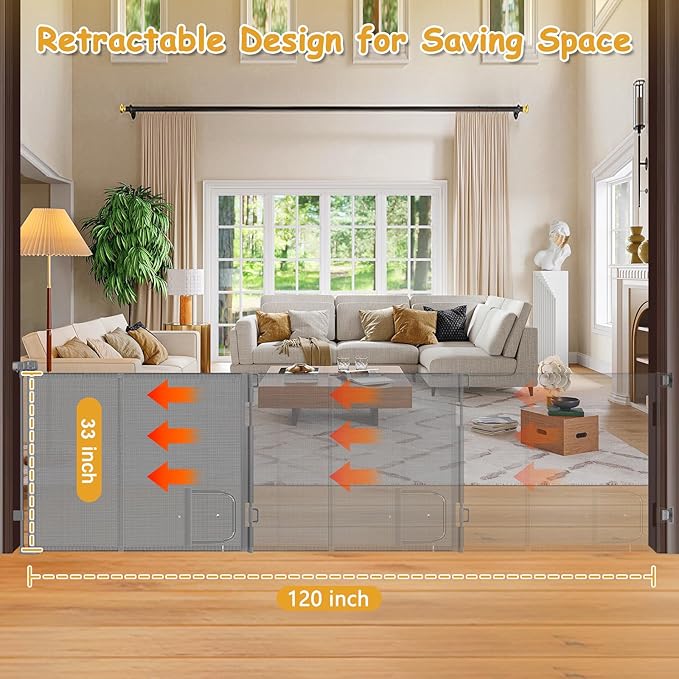 Reinforced 120 Inch Extra Large Retractable Dog Gate with Cat Door 10ft Extra Wide Baby Gates for Large Openings 33 Inch Tall Pet Gate Indoor with Reinforced Strips Long Baby Gates With Cat Door, Gray