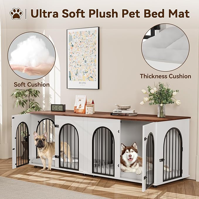 71" Large Dog Crate Furniture for 2 Dogs, Wooden Double Dog Crate, Indoor Dog Kennel TV Stand with Divider and Cushion for Large Medium Dogs, White/Brown