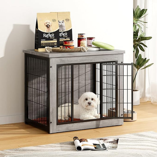 Greesum Modern Dog Crate Furniture That Doubles as a Side Table - Sturdy Wooden Kennel with Double Door Design, Equipped with Soft Cushion & Chew-Resistant Resign, Suitable for Dogs