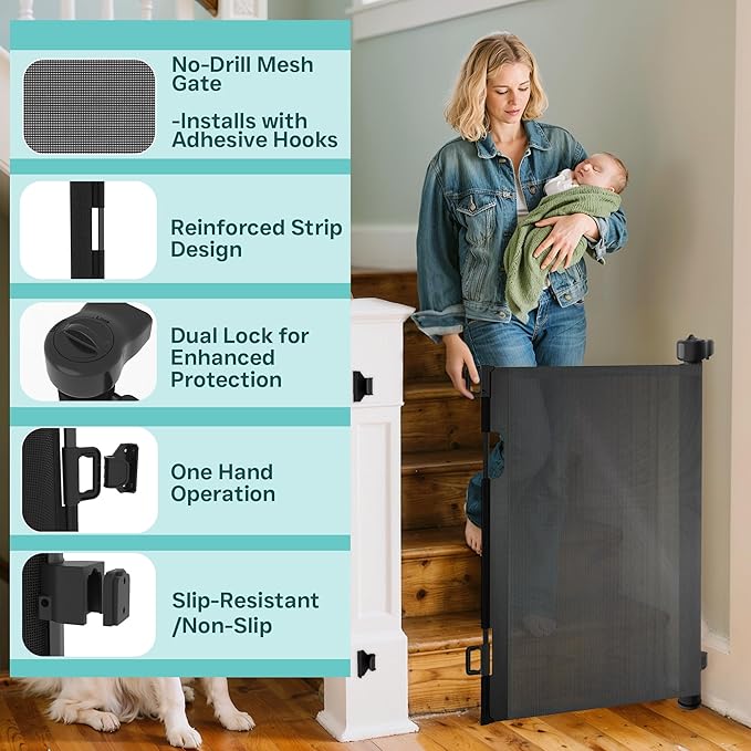 Retractable Baby Gate,Mesh Baby Gate or Mesh Dog Gate,34" Tall,Extends up to 70" Wide,Child Safety Gate for Doorways, Stairs, Hallways, Indoor or Outdoor