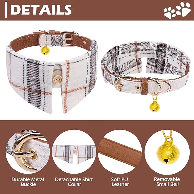 EXPAWLORER Puppy Collar and Leash - Embroidery Pawprints Plaid Small Dog Collars and Leash Set, Cute Bandana and Detachable Collar, Suitable for Small Dogs Cats Girl Boy, Cream XS