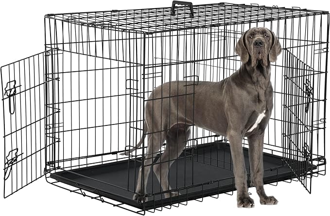 48'' Foldable Metal Wire Dog Crate Double Door, Folding Portable Cage, Collapsible Heavy Duty Extra-Large w/ Leak-Proof Pan/Divider/Handle, Kennel for Dogs Indoor