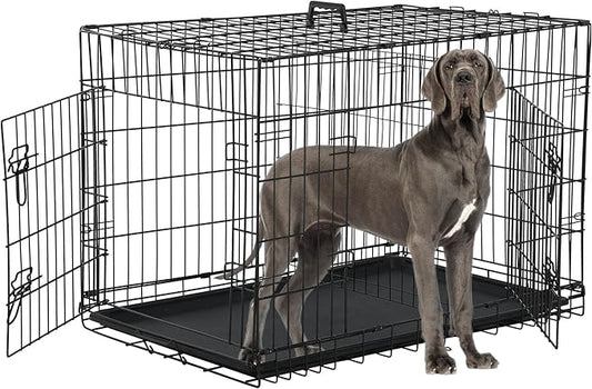 48'' Foldable Metal Wire Dog Crate Double Door, Folding Portable Cage, Collapsible Heavy Duty Extra-Large w/ Leak-Proof Pan/Divider/Handle, Kennel for Dogs Indoor