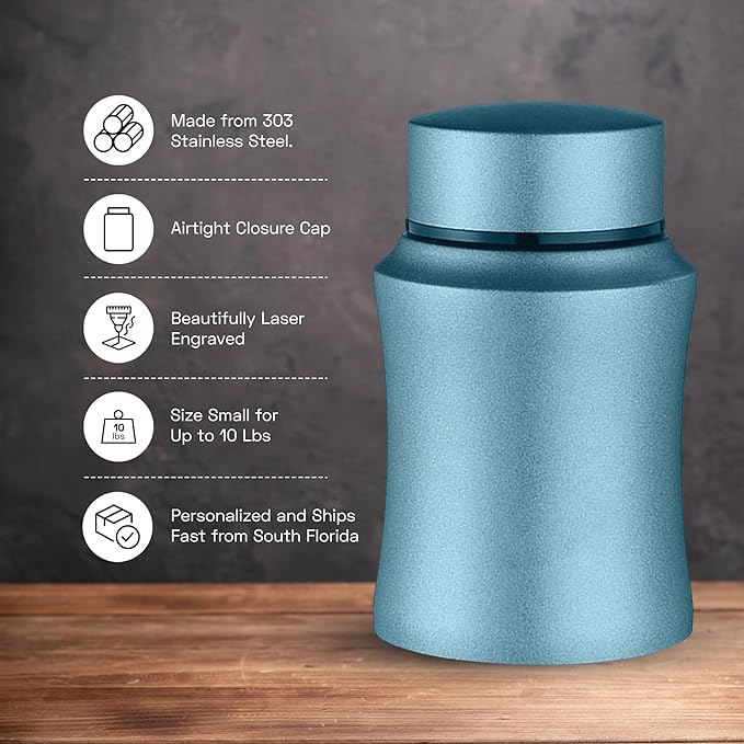 Customized Small Keepsake Urn Personalized Engraved with Pet Name, Date, and Dog Design - 4" Powder Coated Steel Cremation Mini Compact Urn for Dogs Ashes | 5–10 Lbs Capacity | Powder Blue, Love Print
