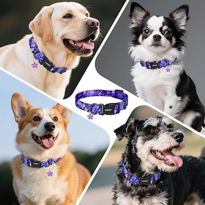 Kazazoo Dog Collar Cute and Soft Nylon Puppy Collar Girl, Adjustable Dog Collars for Small Medium Dogs, Purple Flowers-XS