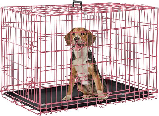 Dog Crate, Folding Portable Outdoor Large Two Door Metal Cat Dog Cage with ABS Tray LC Panel Floor Protecting Feet Wire Animal Pet Dog Kennel with Divider