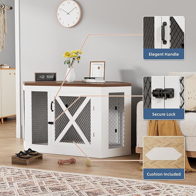Xilingol Corner Dog Crate Furniture, Wooden Dog Kennel End Table with Mesh, Cage/House for Small Medium Large Dog, Decorative Pet Crate Indoor Use