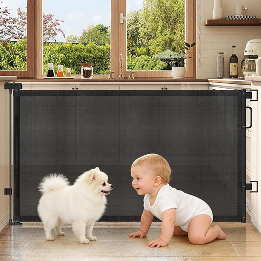 Retractable Baby Gates for Doorways, 58" Extra Wide Mesh Child Dog Gate for Stairs, 34" Tall Toddler Pet Gate Indoor and Outdoor, Easy Install, Essential for Home Safety, Black