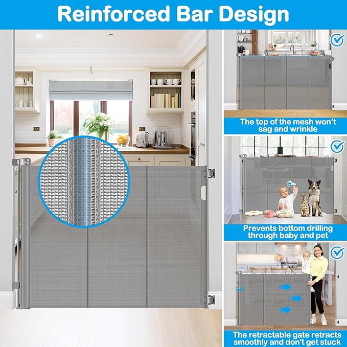 Reinforced 42" Tall X 80" Wide Retractable Baby Gate Extra Tall Cat Gate for Stairs No Sag Retractable Baby Gates for Doorways No Wrinkle Mesh Gates for Kids or Pets with Reinforced Strips, Gray