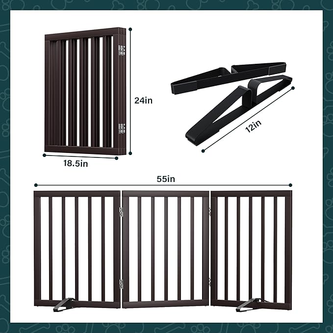 Semiocthome Bamboo Dog Gates Indoor 3-Panel Freestanding Puppy Gates for The House with 2 Metal Stands 24" H Folding Wood Pet Gate for Stairs Doorway Expands Up to 55" Fully Assembled Espresso