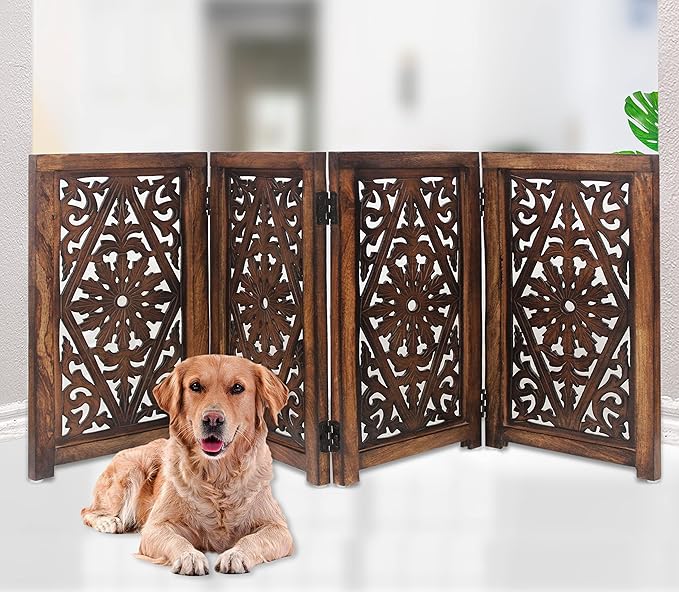 Wooden Foldable Dog Safety Gate - 4 Panels 13" W x 25" H - Hand Carved Solid Wood MDF Puppy Pet Gate - Free Standing Portable Indoor Doorway Stairs Safety Fence - Assembled - Antique Brown - IRONGATE