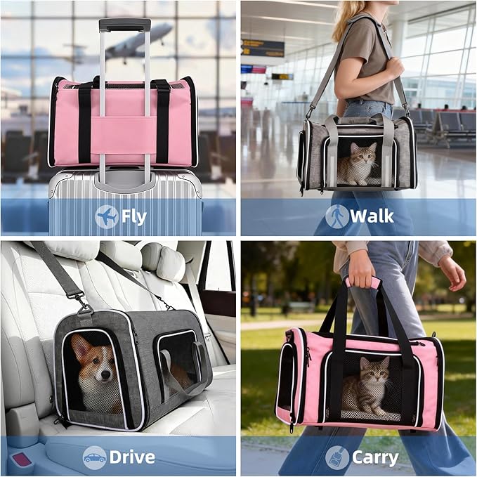 Airline Approved Cat Carrier, Soft Sided Pet Carrier for Small Dogs Cats up to 15lbs, Collapsible Sturdy Cat Travel Carrier, Claw-Resistant Mesh & Self-Locking Zippers (17.7x10.8x11) (Pink)