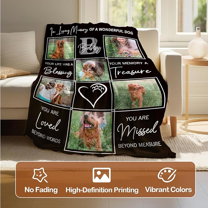 Bemaystar Pet Memorial Gifts for Dogs - Ships Next Day Custom Dog Blanket with Photo & Name Dog Memorial Gifts for Loss of Sympathy Gift Dog Cat Passing Away Remembrance Souvenir(6 Photos)