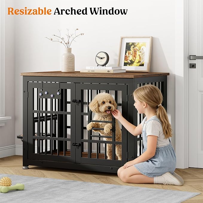 Lulive Dog Crate Furniture 37.8" Wooden Dog Kennel Table with Bowls Heavy Duty Dog Crates for Small/Medium/Large Dogs, Dog Kennel Furniture Indoor as TV Stand End Table,Brown