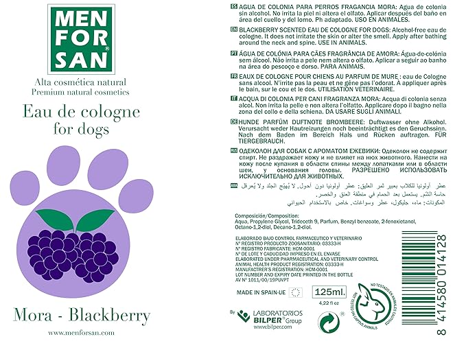 MENFORSAN Eau de Cologne Blackberry for dogs 100% Natural, Vegan-Friendly, Alcohol Free