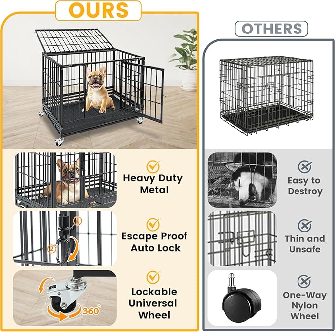 Stackable 36 Inch Dog Crate with Lockable Wheels, Top Access, Heavy Duty Indestructible Escape Proof Dog Crate Cage Kennel Indoor with Removable Tray & Metal Grids for High Anxiety Medium/Small Dogs