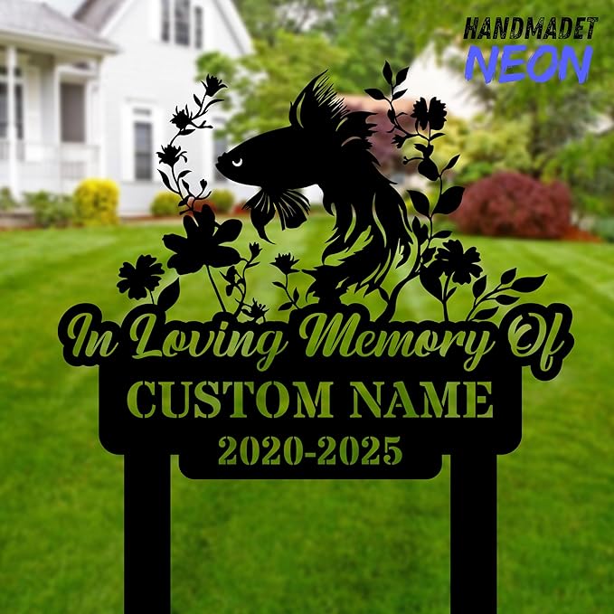 Personalized Betta Memorials Custom Name Year Memorial Fish Grave Marker Metal Pet Garden Stake for Outdoor Garden Yard Sign Plaque Sympathy Gift Grave Decor for Cemetery