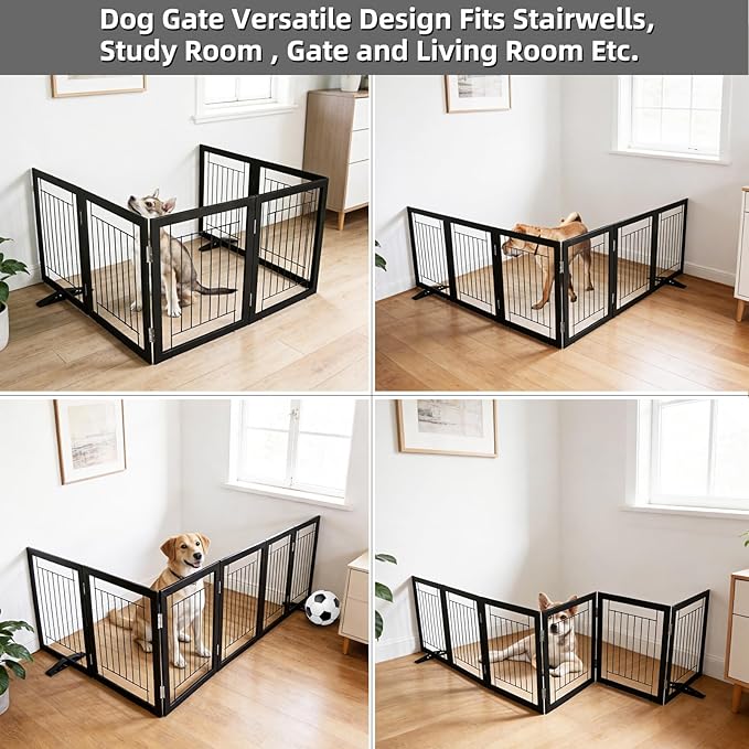 ZJSF Freestanding Dog Gate Indoor, Foldable Dog Fence for Doorways,Hallways or Stairs, Sturdy Wood Extra Wide Pet Gate with Support Feet,Black,32 "Height-6 Panels