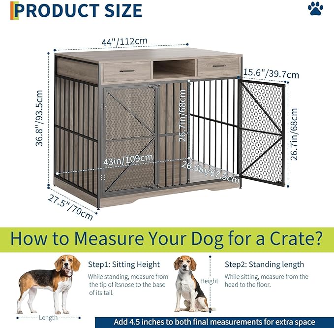 Dog Crate Furniture with Drawers, 44 Inch Heavy Duty Indoor Dog Kennel, Wooden Pet Crate End Table with Double Doors, Storage Compartment for Small Medium Large Dogs, Vintage Brown and Black