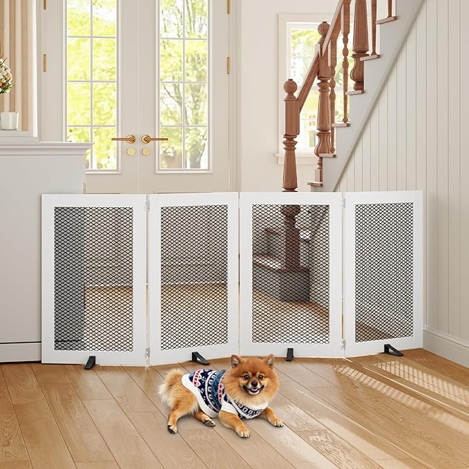 Freestanding Dog Gate Indoor, Foldable Wooden Pet Gate for The House Stairs Doorways, 4 Panels Tall Dog Fence with Support Feet, 79.1"W x 31.5"H, Extra Wide Step Over Fence, White DGHW80201