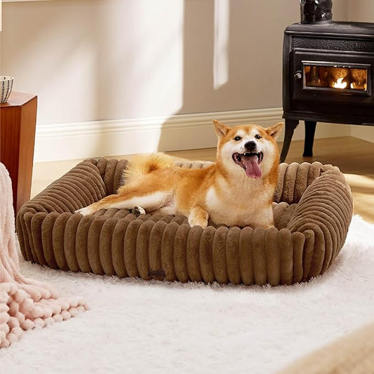 Bedsure ComfyFleece™ Cute Dog Bed for Large Dogs - Washable Furry Puppy Beds, Rectangle Orthopedic Corduroy Fleece Pet Beds with Removable Zipper Cover, 36x27x8inches, Camel Brown