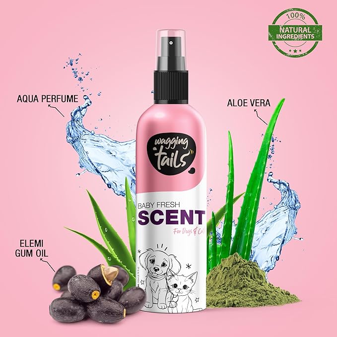 Wagging Tails Baby Fresh Pet Scent | Natural Aloe Vera & Elemi Gum Oil | Long-Lasting Deodorizing Spray for Dogs & Cats | Alcohol-Free Moisturizing Perfume Mist | 200ml (6.76 fl oz)