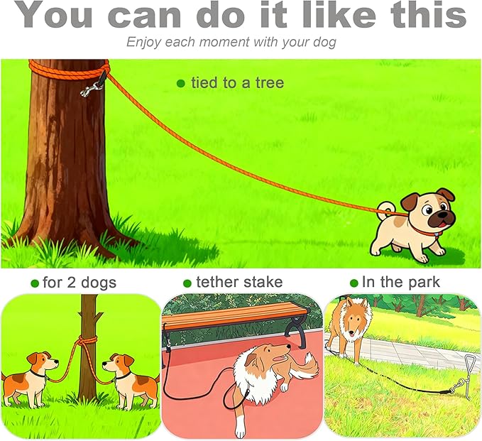20FT Dog Tie Out Leash, Long Tether 10ft 15ft 20ft 30ft Nylon Rope Check Cord for Medium Large Dogs Indoor/Outdoor Playing Camping Backyard (Blue, 3/8")