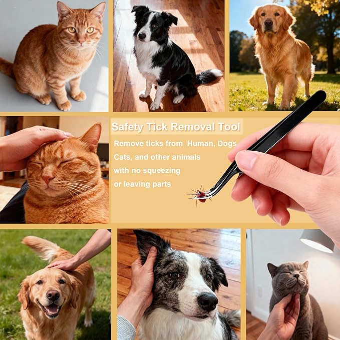 Tick Removal Tool,Tick Remover for Dogs,Premium Tick Twister Stainless Steel 3 PCS -Tick Tweezers/Tick Fork/Handy Tin with Case -Safe for Human & Pets (Black)
