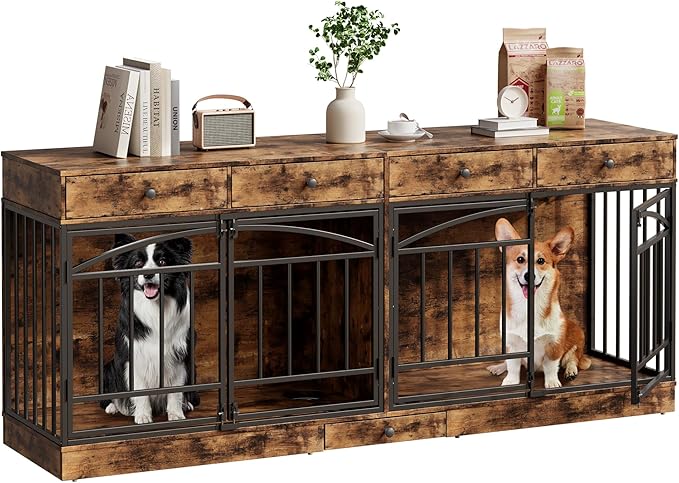 IDEALHOUSE 78.7" Double Dog Crate Furniture with Storage and 4 Doors, Dog Kennel Indoor with Feeding Bowls, Wood Dog Crate TV Stand for Small Medium Dogs, Brown