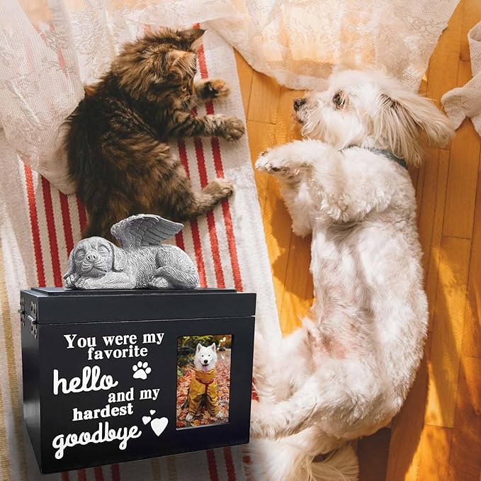Dog Urns for Ashes Up to 100 lbs, Premium Wooden Pet Urns for Dogs with Memorial Photo Frame and Resin Statue, Dog Urn Sympathy Gift for Both Large Midium Golden Retriever, Labrador, Shepherd