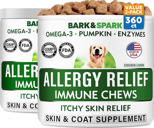 BARK&SPARK Dog Allergy Relief Soft Chews for Skin Health & Seasonal Allergies - Anti-Itch Supplement w/Omega-3, Quercetin & Bromelain Immune Treats for Dry Skin & Hot Spots - Chicken Liver - 240ct