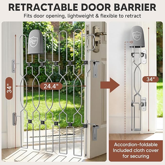 Snagle Paw Metal Retractable Door Barrier,Safety Dog Gate for Front Door,Easy Install Retractable Pet Gate for Recreational Vehicle,Doorways,24.4" Wide 35" Tall